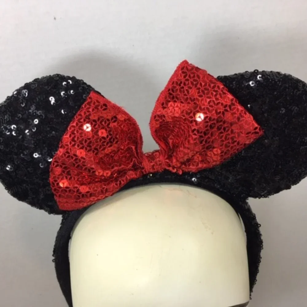 Minnie Mouse Ears Black w/Red Bow Sequins Headband